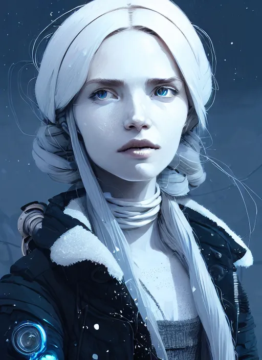 Prompt: highly detailed portrait of a hopeful frostpunk long blonde hair lady with robotic limbs, stray wiring by atey ghailan, james gilleard, by joe fenton, by greg rutkowski, by greg tocchini, by kaethe butcher, 4 k resolution, gradient blue, black and white color scheme!!! ( ( glacier cave background ) )