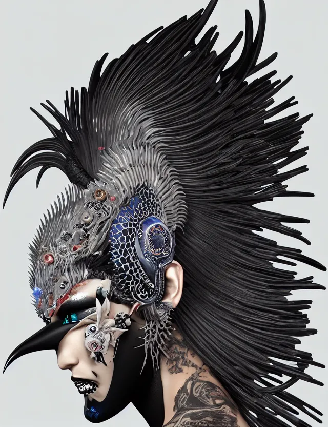 Image similar to 3 d goddess close - up profile portrait punk with mohawk with ram skull. beautiful intricately detailed japanese crow kitsune mask and clasical japanese kimono. betta fish, jellyfish phoenix, bio luminescent, plasma, ice, water, wind, creature, artwork by tooth wu and wlop and beeple and greg rutkowski