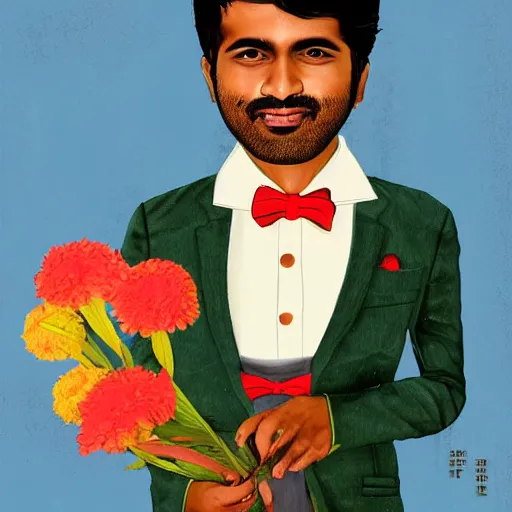 Image similar to indian guy standing and holding flowers, looking nostalgic, in love, dapper,full portrait, artwork by Cheng, Hsiao-Ron and Wes Anderson