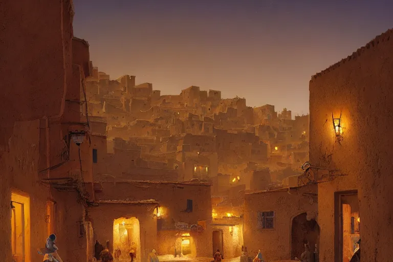 Image similar to in the middle of a adobe house kasbah town, mud and brick houses, merchant street, pueblo architecture, colorful crowd. Scenic view at night, underexposed, clean horizon, matte painting by raphael lacoste and marc simonetti and craig mullins and christophe vacher, trending on artstation