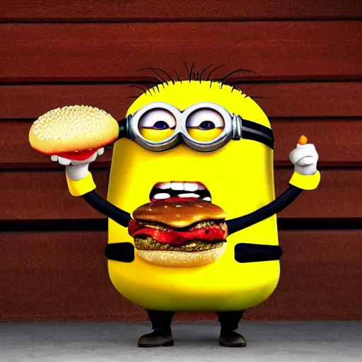 Image similar to A minion eating an hamburger, highly detailed