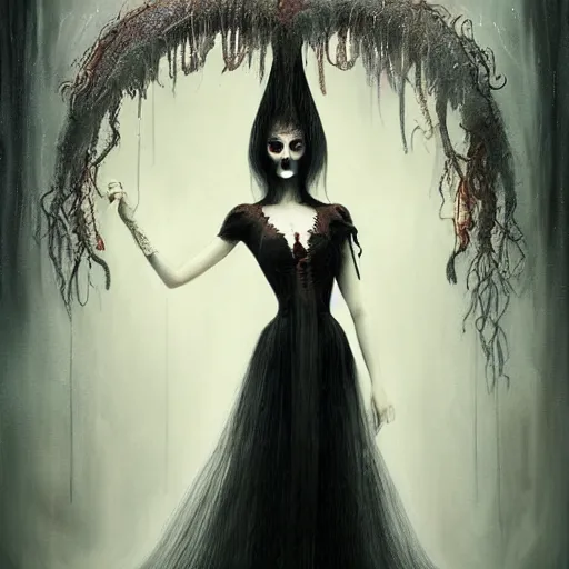 Image similar to curiosities carnival fashion show in wonderland, soft paint of a single elegant goth sorceress in a full long dress, symmetry accurate features, horror, tentacles, darkness, fog, focus, madness, insanity, very intricate ultrafine details, award winning masterpiece, tom bagshaw artstyle