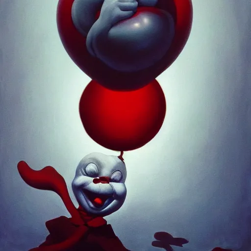 Prompt: painting of bugs bunny with a wide smile and a red balloon by Zdzisław Beksiński, loony toons style, pennywise style, corpse bride style, creepy lighting, horror theme, detailed, elegant, intricate, conceptual,