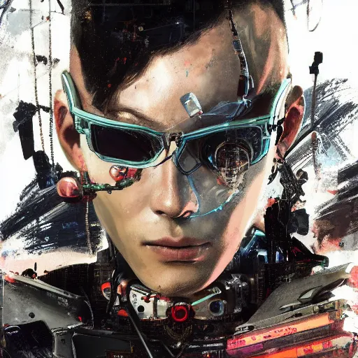 Image similar to highly detailed portrait of a post-cyberpunk robotic HeadHunterz ((HeadHunterz)) by Akihiko Yoshida, Greg Tocchini, Greg Rutkowski, Cliff Chiang, 4k resolution, persona 5 inspired, hardstyle music inspiration