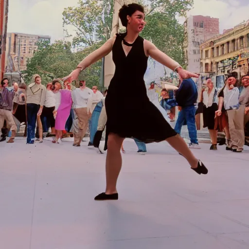 Image similar to elaine from seinfeld dancing cinematic 3 5 mm hdr