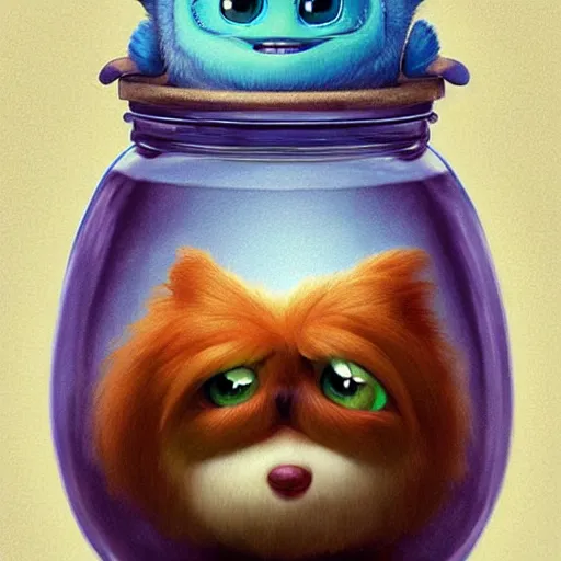 Image similar to cutie fluffy creature with big eyes in a jar, digital art, 3 d, octave render, masterpiece, mega detailed, pixar, disney, vivid illustration, fantasy, by george stubbs, frederic leighton, james jean