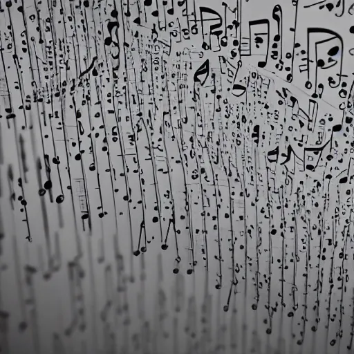 Image similar to a sculpture of music notation, three quater notes, art installation, made of polished reflective broze, cinematic light, rain, 8 k, unreal render, reflections,