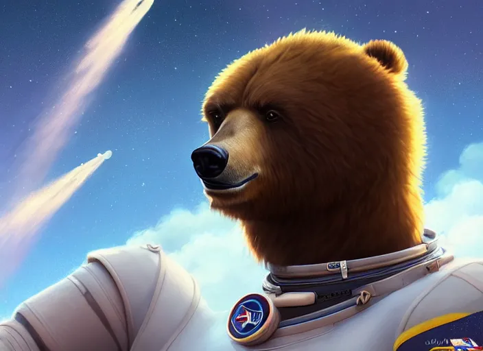 Image similar to character portrait feature of the anthro male anthropomorphic kamchatka brown bear fursona wearing cosmonaut outfit uniform professional pilot astronaut cosmonaut spirited disciplined character design stylized by charlie bowater, ross tran, artgerm, and makoto shinkai, detailed, soft lighting, rendered in octane