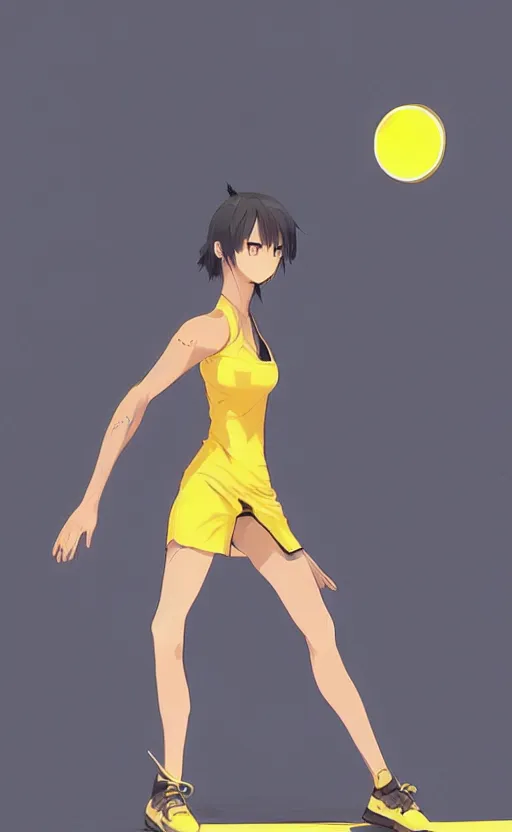 Image similar to character design, manga style, realistic lighting, futuristic solid colors, made by ilya kuvshinov, uploaded on safebooru, from arknights, female beach volley player, elegant, futuristic yellow lens, sport clothing, visible feets, simple background