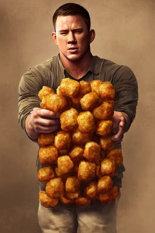 Image similar to channing tatum in a tater tot costume, oil on canvas, intricate, 8 k highly professionally detailed, hdr, cgsociety