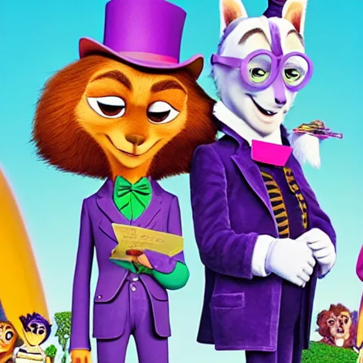 Image similar to willy wonka and the chocolate factory, animated in the style of zootopia