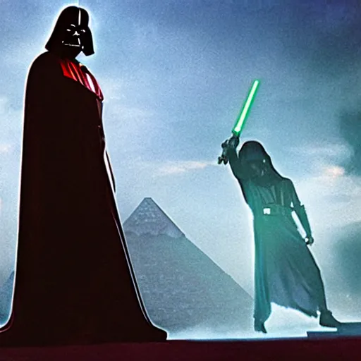 Prompt: morbius. morbius. morbius holding a lightsaber. and darth vader, pyramids in background.