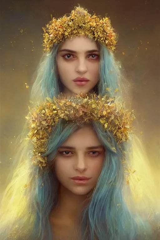 Prompt: a pale Persian girl with golden hair, floral crown, sad blue eyes, cinematic lighting, ultra detailed, highly detailed, sharp focus, golden background with flowers, golden jewellery with blue sapphires, photographic, art by artgerm and greg rutkowski and zdislav beksinski