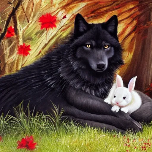 Image similar to a beautiful black wolf with red eyes curled around a small, fragile and cute white rabbit to protect it from the dangerous forest that is all around them, oil painting, award winning, 4k, high quality, high detail