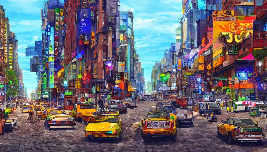 Image similar to a busy city street, digital art, highly detailed, realistic, bright colors, 8 k