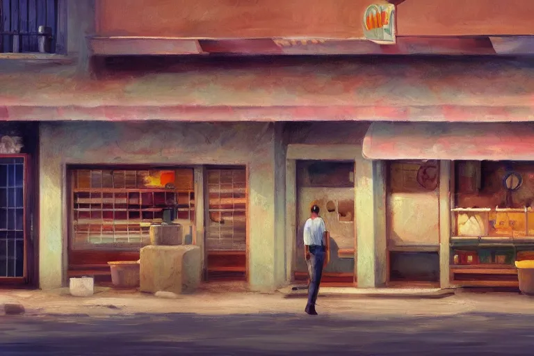 Prompt: concept art, painting of cuban bakery, empty, no food, digital anime art, good lighting,