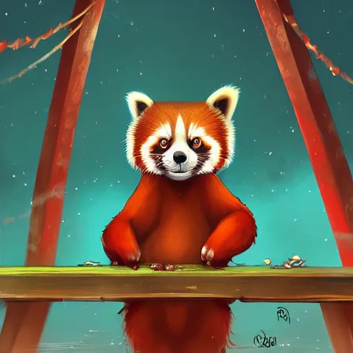 Prompt: beautiful red panda on a bridge by Cyril Rolando