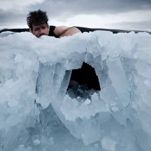 Prompt: caveman encased in a huge block of ice. national geographic. contest winning. trapped, stuck, fixed, immobile, surrounded, snowy
