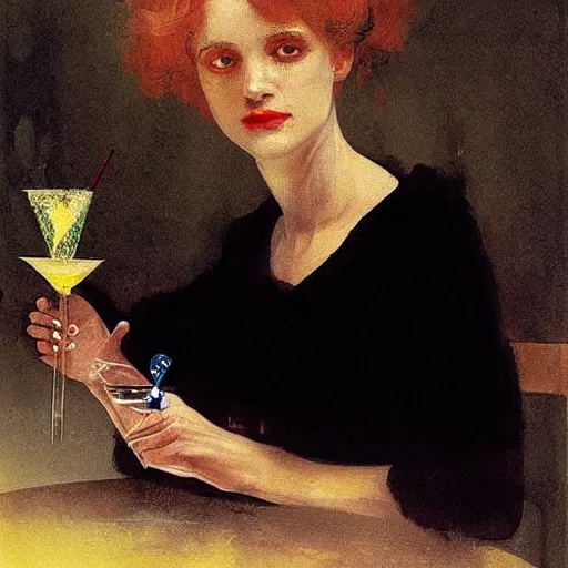 Prompt: portrait of a mysterious woman drinking a martini, by Ilya Repin and Dave McKean