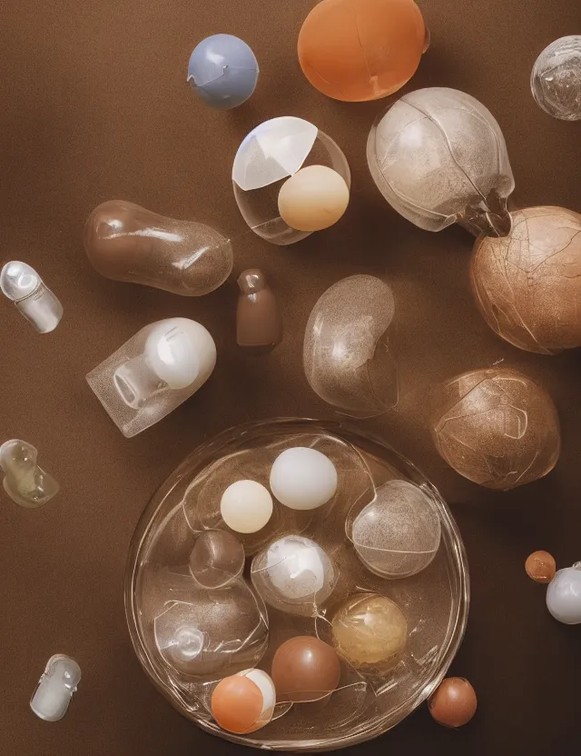 Image similar to a well - lit studio photograph of various earth - toned plastic toys floating in a kidney - shaped bowl of water, some wrinkled, some long, various sizes, textures, and transparencies, beautiful, smooth, detailed, inticate