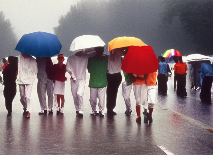 Image similar to realistic photo portrait of a crowd of people wearing white shorts, cone heads, walking on the street, grey sky with rainbow and rain 1 9 9 0, life magazine reportage photo, natural colors