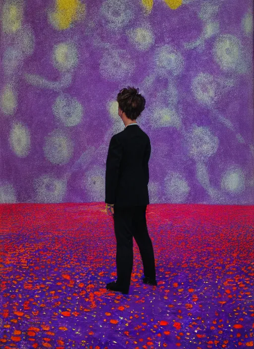 Prompt: portrait of a child violinist in suit standing in a landscape of poppies and purple stars in the sky, vincent lefevre and hernan bas and pat steir and hilma af klint, symmetrical face, psychological, photorealistic, dripping paint, washy brush, rendered in octane, altermodern, masterpiece