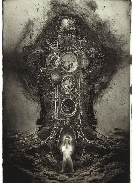 Image similar to old wetplate daguerreotype birth of a cyborg in times of eternal summoning, fractal, intricate, elegant, highly detailed, parallax, leica, medium format, subsurface scattering, by jheronimus bosch and greg rutkowski and louis jacques mande daguerre