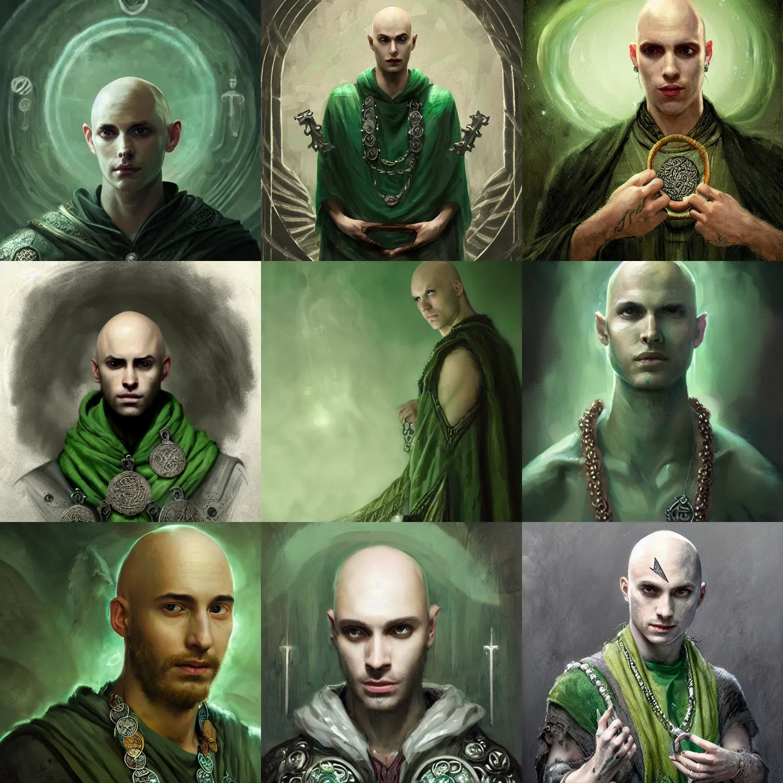 Prompt: portrait of a young bald male mage, sickly with pallid skin, wearing many silver medallions runes and round jewellery, sigils and robes, green smoke, art by greg rutkowski
