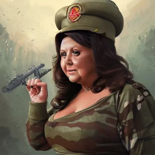 Image similar to abby lee miller as a military dictator, giving a speech to her troops by artgerm and wlop and scott fischer and seb mckinnon, digital art, highly detailed, wide shot, intricate, fantasy, mystical, sharp focus, Trending on Artstation HQ, deviantart, unreal engine 5, 4K UHD image