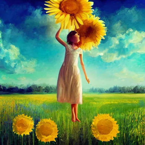 Prompt: head made of giant daisies, girl standing barefoot in a vast flower field, arms outstretched, surreal photography, sunrise dramatic light, impressionist painting, colorful clouds, large sky, digital painting, artstation, simon stalenhag, flower face