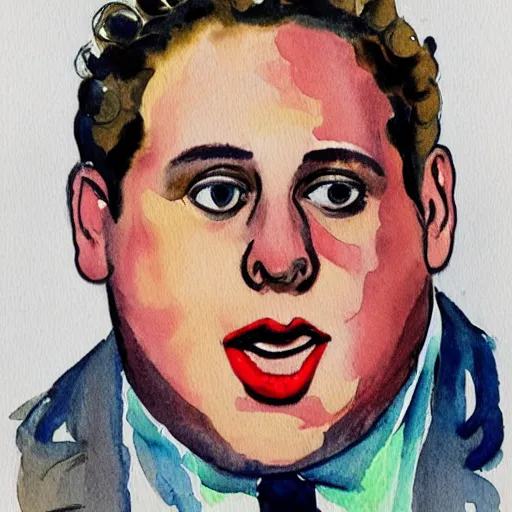 Image similar to jonah hill, stylized. Watercolor and ink. 1940s.