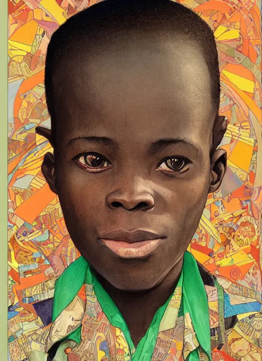 Image similar to colourful upper half portrait of an african boy with proportions in the style of jack davis - presented in magazine collage style, art by hsiao - ron cheng & alphonse mucha, magazine collage, highly detailed, caricature, digital painting, concept art, ray tracing, illustration, smooth, sharp focus, intricate, symmetry, pinterest, behance, artstation