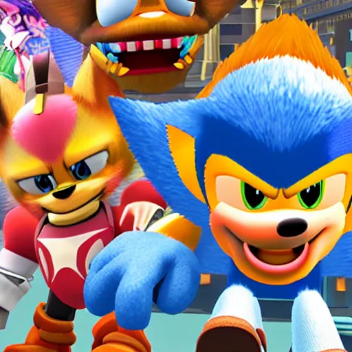 Image similar to crash bandicoot bros kirby super star ultra sonic the hedgehog gta style ratchet and clank