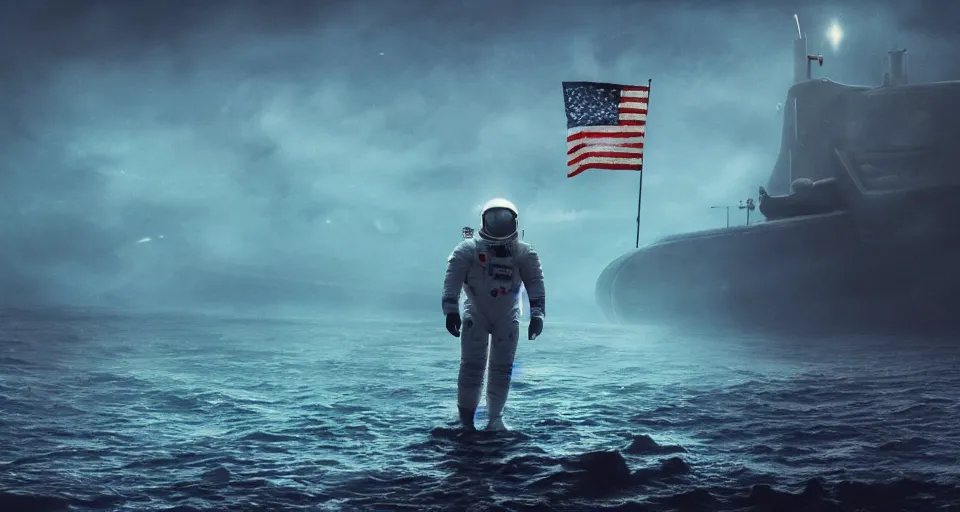 Image similar to astronaut holding a flag in an underwater desert. a submarine is visible in the distance. dark, concept art, cinematic, dramatic, atmospheric, 8 k, trending on artstation, blue, fish, low visibility, fog, ocean floor, christopher nolan, interstellar