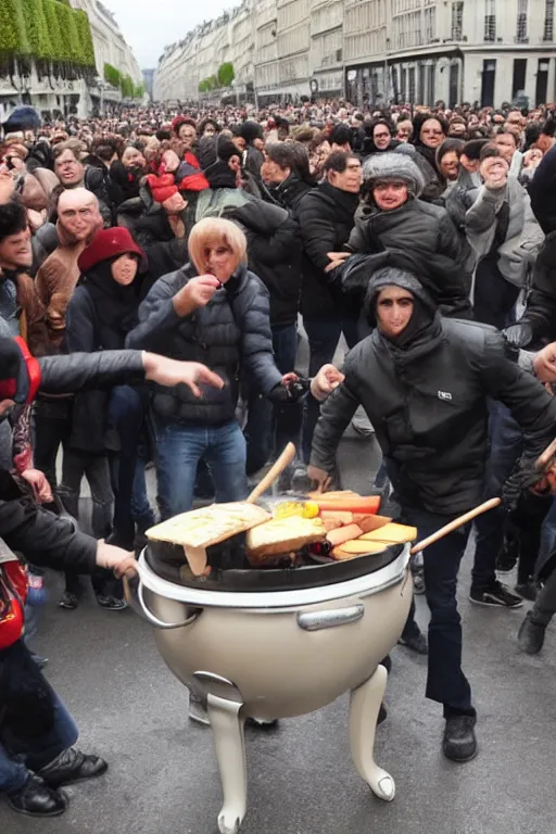 Image similar to the citizens of Paris start a riot and roll a giant fondue onto champs elysees