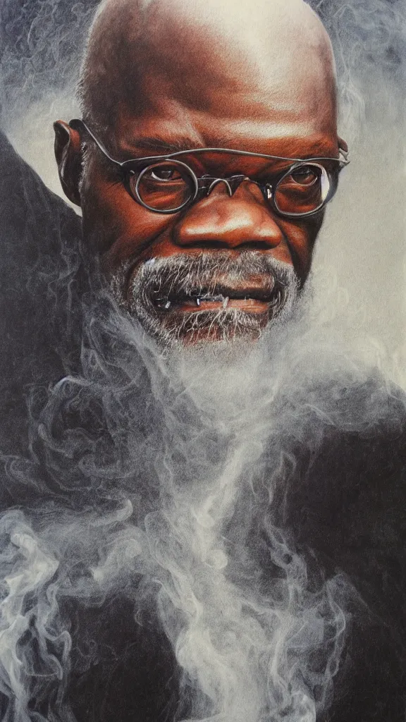 Image similar to portrait of samuel jackson, by alan lee, intricate, smoke trails, lord of the rings calendar, smooth, detailed terrain, oil painting