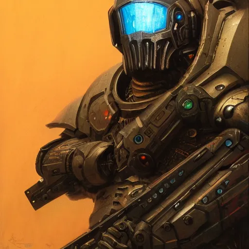 Image similar to the doomslayer with broken armor as a realistic scifi cyberpunk knight, closeup portrait art by donato giancola and greg rutkowski, vintage retro scifi, realistic face, digital art, trending on artstation, symmetry!!