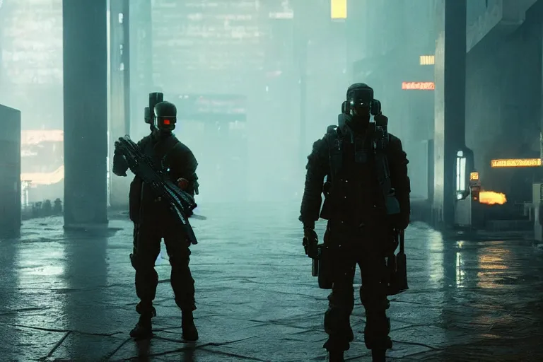 Prompt: soldier standing in murky water dark. cyberpunk soldier helmet mecha armor black matte angular armor white Chinese writing. Holding AR-15 rifle black. Bladerunner 2049 ((Cyberpunk2077)). ((Man wearing fire fighter uniform))