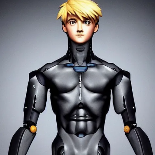 Image similar to “a realistic detailed photo of a guy who is an attractive humanoid who is half robot and half humanoid, who is a male android, twitch streamer Ninja Tyler Blevins, shiny skin, posing like a statue, blank stare, bedroom, close up”