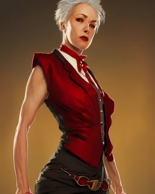 Image similar to female vampire, gold waistcoat, red shirt, grey hair, red necktie, cinematic, stunning, highly detailed, digital painting, artstation, smooth, hard focus, full body shot, illustration, art by artgerm and greg rutkowski and alphonse mucha