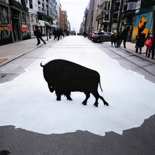 Prompt: a buffalo covered in flour in the middle of the street, graffiti banksy art