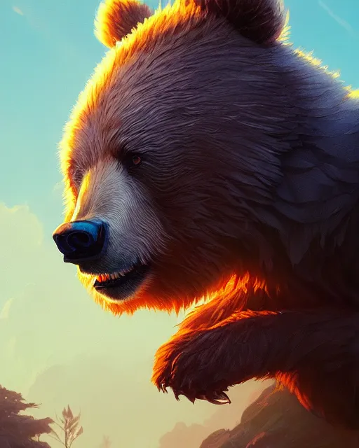 Image similar to highly detailed vfx portrait of a ferocious bear, stephen bliss, unreal engine, greg rutkowski, loish, rhads, beeple, makoto shinkai and lois van baarle, ilya kuvshinov, rossdraws, tom bagshaw, alphonse mucha, global illumination, detailed and intricate environment