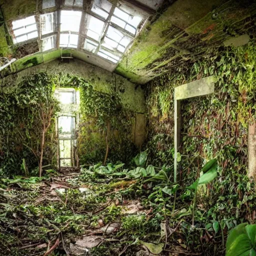 Prompt: abandoned, overgrown, underground bunker. jungle room.