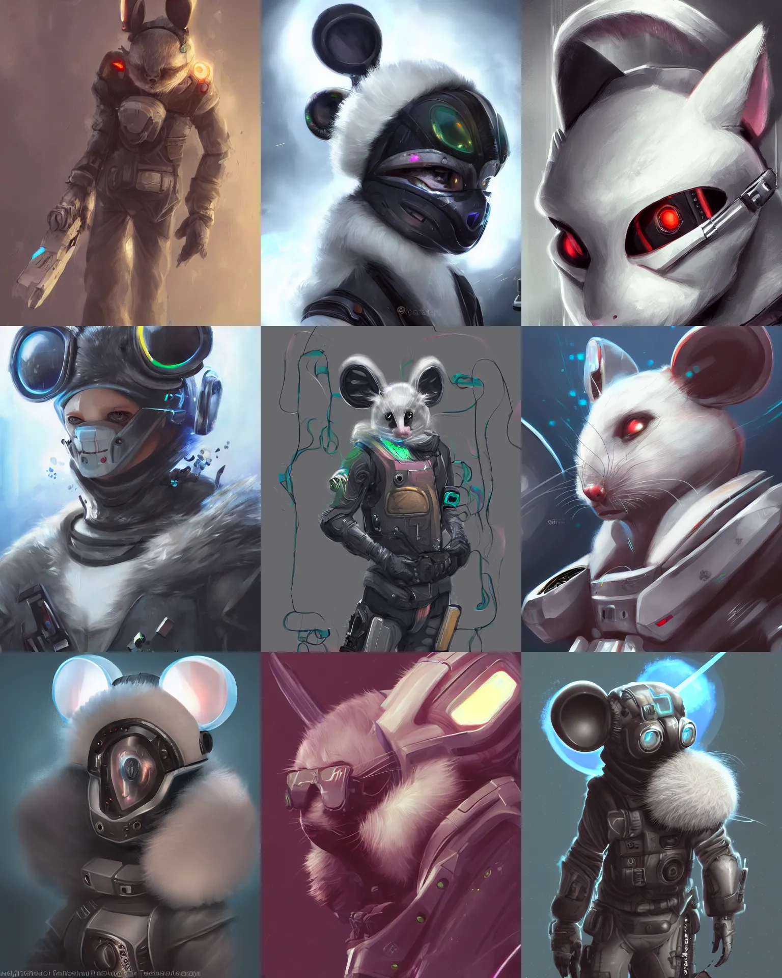 Prompt: mouse technomage, visible head, white fur, cyberpunk, scifi, high detail, digital painting, character art, trending on art station, starfinder style