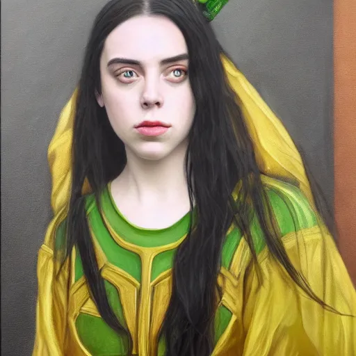 Prompt: Billie Eilish as female loki, oil on canvas, noir, trending on artstation, by Ian Sprigger and Edmund Blair Leighton and Charlie