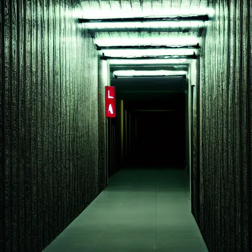 Image similar to a pitch black hallway with no windows and one deep red exit sign at the end, photographed at night