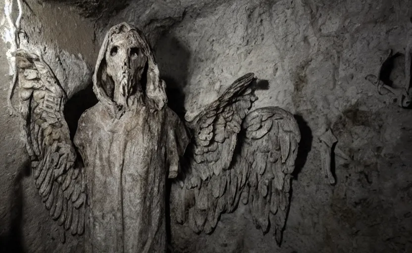 Prompt: several decrepit creepy statues of the archangel gabriel looking at the camera, placed throughout a dark claustrophobic old catacomb cavern, realistic, underexposed photography, bad camera footage, wide shot, sinister, bad lighting, foreboding, grainy photo