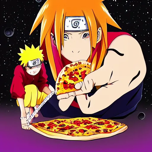 Image similar to naruto eating pizza for breakfast on luna, with dancing sandals, anime illustration, detailed