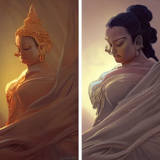 Image similar to Buddah, D&D, intricate, elegant, highly detailed, digital painting, artstation, concept art, matte, sharp focus, illustration, art by Artgerm and Greg Rutkowski and Alphonse Mucha]