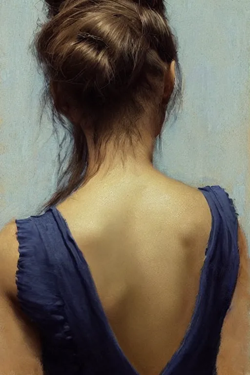 Image similar to girl with messy bun hairstyle, back view, blue camisole!!!!!!! shoulder tattoo!!!!!!! jeremy lipking, joseph todorovitch